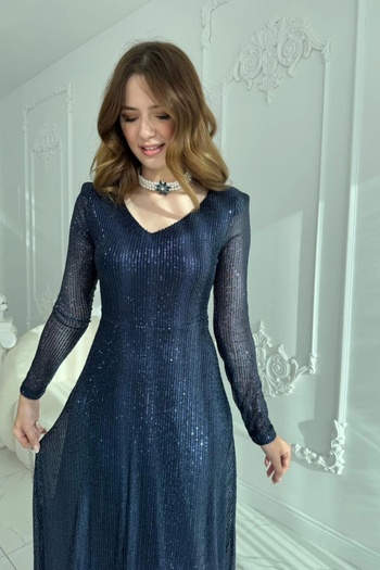 HELİS BUTİK Parla Navy Blue Sequin Glitter Midi Dress