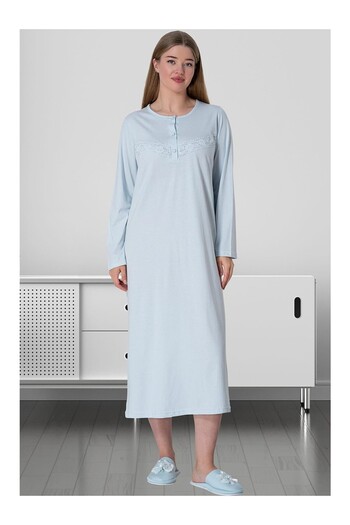PREGNANT WORLD Women's Blue Lace Buttoned Long Sleeve Cotton Combed Cotton Plus Size (Oversized) Nightgown