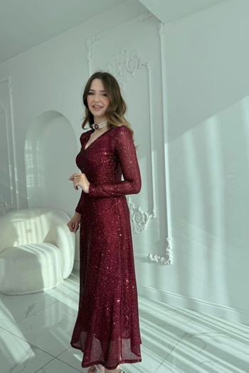 HELİS BUTİK Parla Bordo Sequin Glitter Midi Dress