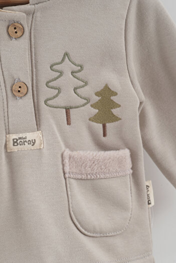 Mini Baray Baby Boy Pine Tree Embroidered Hooded Kangaroo Top and Bottom Set (9-12-18 Months)