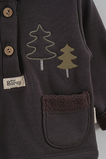 Mini Baray Baby Boy Pine Tree Embroidered Hooded Kangaroo Top and Bottom Set (9-12-18 Months)