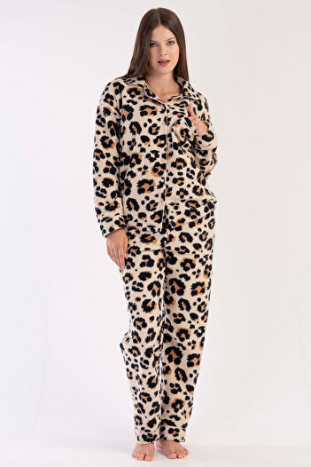 VİENETTA Women's Fleece Full Button Long Sleeve Pajama Set, 303169