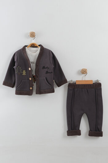 Mini Baray Baby boy pine tree embroidered cardigan t-shirt pants 3-piece set (9-12-18 months)