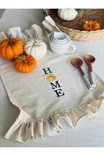 HOME OF BLOSSOM Raw Linen Ruffle Detailed Embroidered Kitchen Cloth