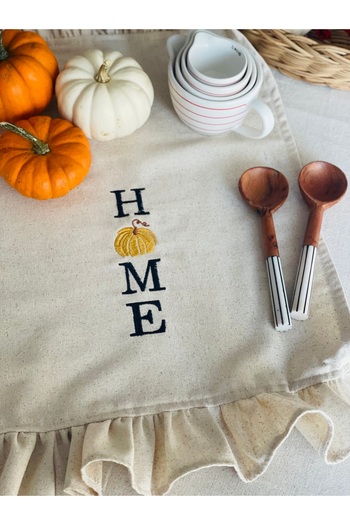 HOME OF BLOSSOM Raw Linen Ruffle Detailed Embroidered Kitchen Cloth
