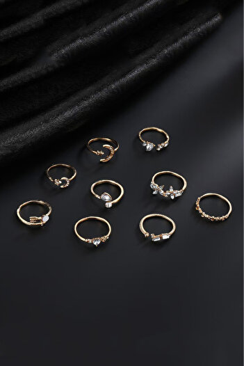 The Collection 9-Piece Stone Combination Moon Star Butterfly Arrow Heart Design Gold Ring Set