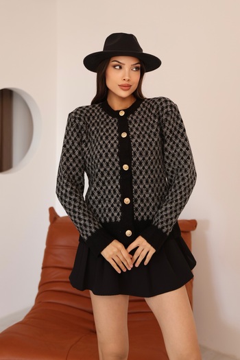 AURRARİ Women's Black Gray Crew Neck Gold Button Detailed Patterned Knitwear Cardigan