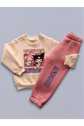 Beray Bebe Kuromi Printed Girls' Tracksuit Set – Three-Piece Hooded, 2-Piece Set, Sweatshirt + Bottom Tracksuit