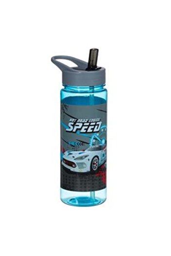 OEM Flip Top Water Bottle for Boys, Plastic, Blue Grey, Car Design, 650 ml