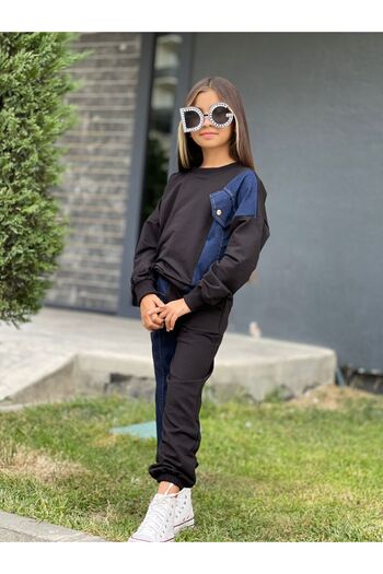 KOKOŞ BEBEK Denim Garnili Style Tracksuit Set |   9-16 Years Old |   Two-Thread Lycra