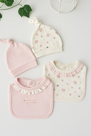 Baharda Nova %100 Organik Pamuk Bebek Şapka Önlük 4'lü Set / Kız Erkek Unisex Penye Bere
