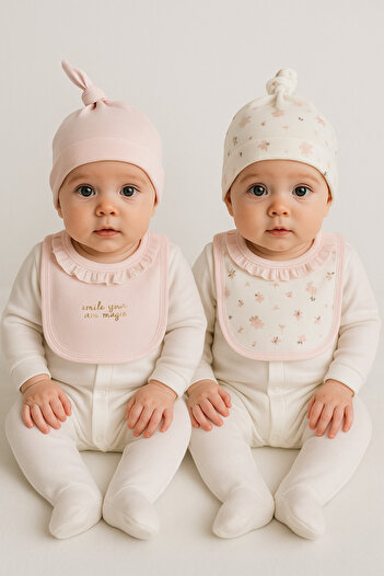 Baharda Nova %100 Organik Pamuk Bebek Şapka Önlük 4'lü Set / Kız Erkek Unisex Penye Bere