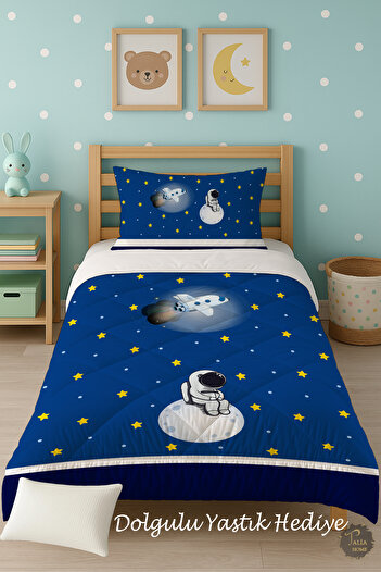Talia Home Astronaut Space Patterned Single Children's Quilt Sleeping Set Tlag-150