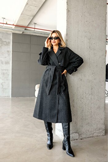 EsSo butik Women's Double-Breasted Collar Belted Diagonal Cashmere Coat