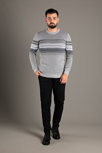 ZEKİ ÖZER Men's Gray Striped Ribbed O-Neck Knitwear