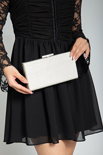LİLLA Women's Portfolio Box Silver Glitter Evening Dress Bag