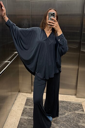 Noi Belis 100% Modal Batwing Sleeve Soft Button Blouse Pants Woven Top-And-Bottom Set Aw25Au0014