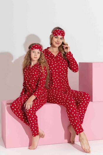 Tarık Mother-Daughter Matching Buttoned Suede Long Sleeve Sleep Band Family Matching Pajama Set-3979