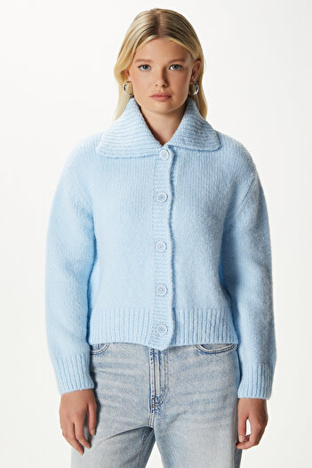 Ritnice Women's Lean Soft Texture Polo Neck Blue Basic Knitwear Cardigan Hi00179