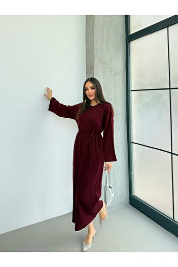 Anna Moda BORDO İP DETAYLI MAXİ BOY TRİKO ELBİSE