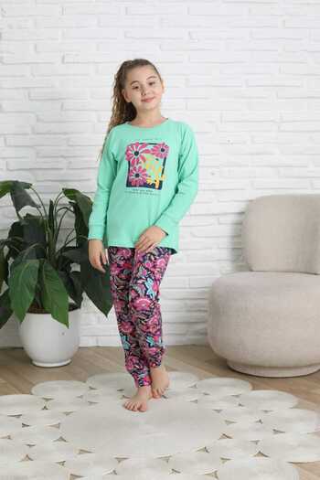 Şekerkids Girl's Cotton Combed Fabric Green-Purple Color Floral Detailed Pajama Set