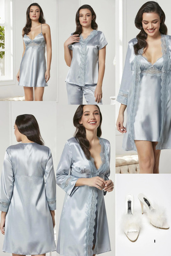 Mavelle 6 Piece Satin Bridal Dowry Set Dressing Gown & Nightwear & Pajama Set & Shorts Set with Slippers with Gift