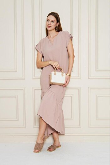 Pasaklı Giyim Women's Powder Long Skirt Ruffled Short Sleeve Epaulet Detailed Loose Casual Comfortable Dress 3761366