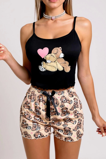agishop Teddy Bear Patterned Women's Pajamas with Suspender Shorts