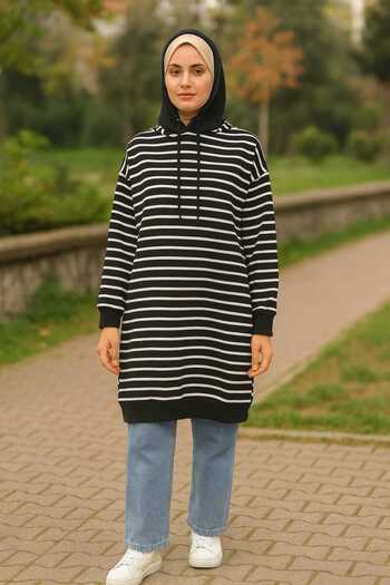 ECK MODA Women's Striped Fabric Hooded Loose Fit Long Sleeve Tunic