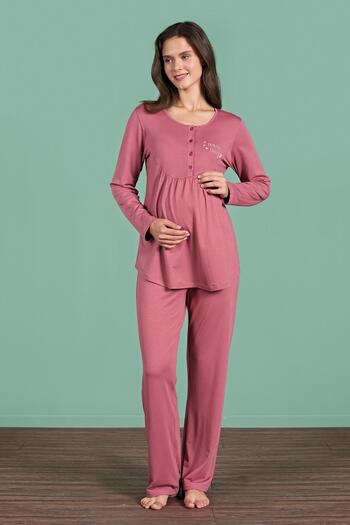 Pijadore Women Dusty Rose Color Long Sleeve Half Button Maternity Pajamas Set C5T4N91