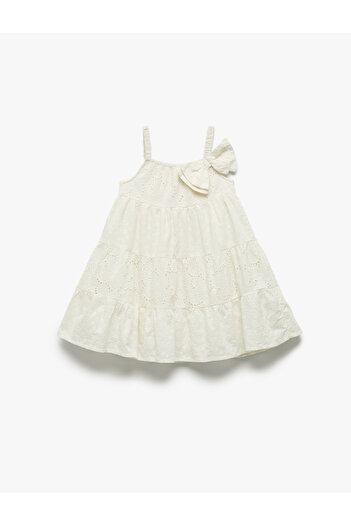 Koton Cotton Square Neck Embroidered A-Line Bow Strap Dress