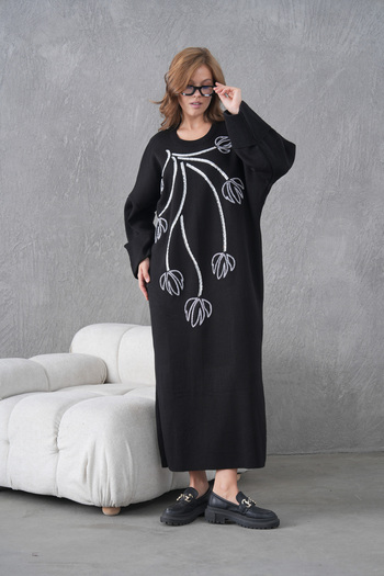 Miss Allos Women's Wide-Fit Long Knit Dress with Front Glass Beads and Sequin Embroidery