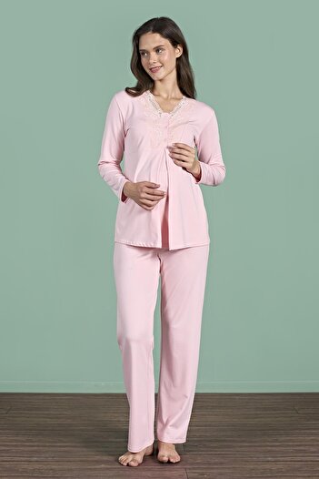 Pijadore Women's Pink Color Lace Collar Long Sleeve Maternity Pajamas Set C4T4N91