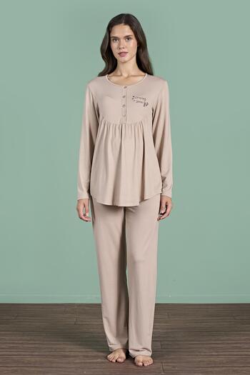 Pijadore Women's Mink Color Long Sleeve Half Button Maternity Pajamas Set C5T4N91