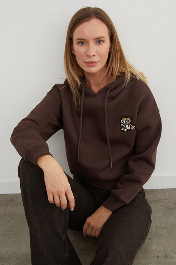 Fulla Moda 3 Yarn Teddy Bear Embroidered Hooded Sweatshirt