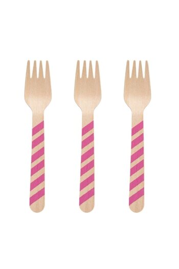 SHOPIENS Set 20 wooden forks for party Shopiens®, with pink striped handle, 16 cm