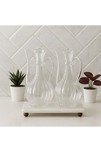 Reoona Borosilicate Glass Glorry Glass Oil Container with Marble Stand 700 Ml+700 ml Striped Design