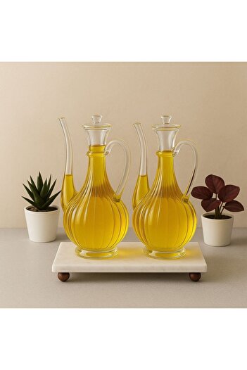 Reoona Borosilicate Glass Glorry Glass Oil Container with Marble Stand 700 Ml+700 ml Striped Design