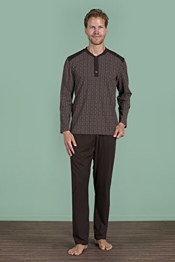 Pijadore Men's Brown Geometric Pattern Long Sleeve Button down Collar Pajama Set C3T3N91