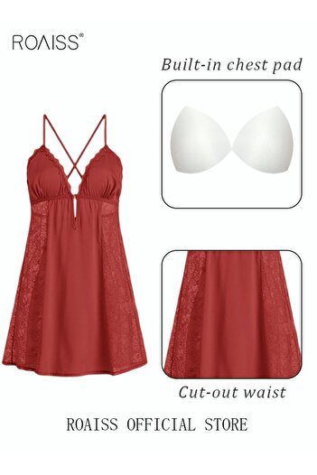 ROAISS 2 Piece Nightgown Set Women's Sweet Halter Nightdress Lace Lingerie Sleepwear Home Dress Set Romanti