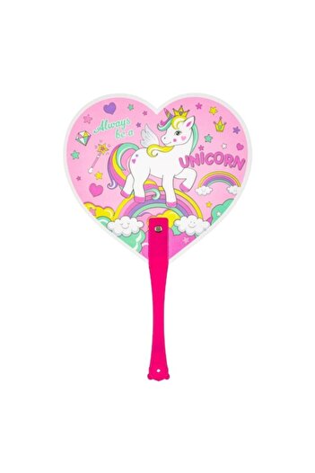 SHOPIENS Heart-shaped fan for children, Shopiens®, with a plastic handle and rainbow unicorn pattern, 32 cm