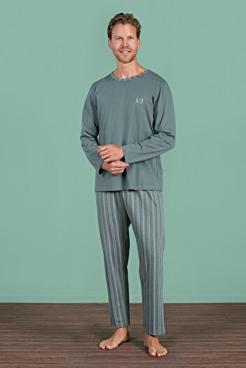 Pijadore Men's Green Color Long Sleeve Round Neck Striped Detailed Pajama Set C0T4N91