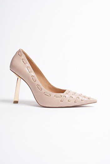 Mubiano Women's Leather Shoes Gold Detailed High Heels 9 cm Beige Fiorra