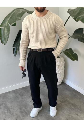 HAWKKİNG Men's Oversize Crew Neck Ribbed Knit Sweater