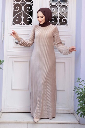 N.S NEVA STYLE Pleated Beige Velvet Hijab Dress 17120Bej