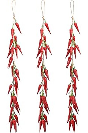 Generic VIOCIWUO 3Pcs Artificial Red Peppers, Simulation Lifelike Vegetable Fake Hanging Chili Pepper String