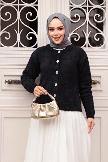 N.S NEVA STYLE Feathered Black Hijab Knitwear Cardigan 86041S