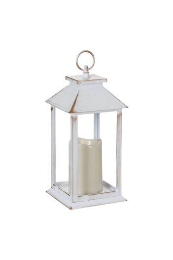 SHOPIENS Felinar decorativ suspendat alb brushed Shopiens® cu Lumanare LED, 14 x 14 x 30 cm