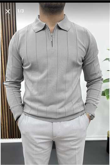 LİBASSİNİ Men's Half Zip Polo Neck Seasonal Sweater Gray