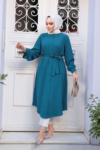 N.S NEVA STYLE Buttoned Petrol Blue Hijab Tunic 32172Pm